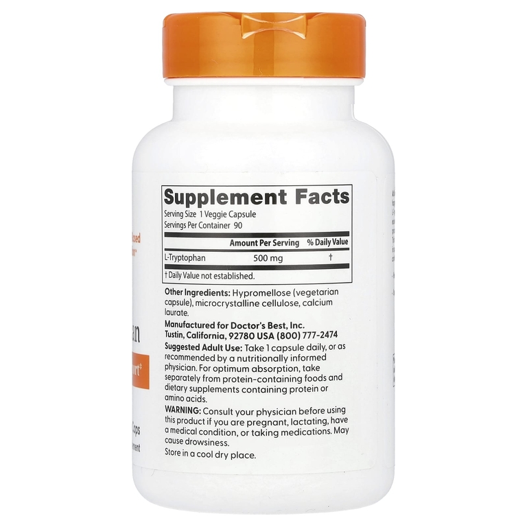 Doctor's Best, L-триптофан, 500 мг, 90 растительных капсул