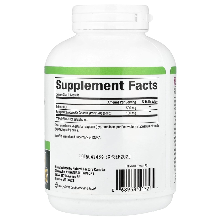Natural Factors, Бетаина гидрохлорид с пажитником, 180 вегетарианских капсул