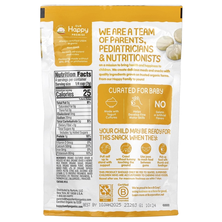 Happy Family Organics, органический йогурт для детей, сублимированный йогурт и фруктовые снеки, банан и манго, 28 г (1 унция)