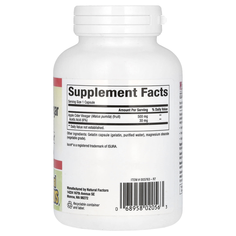 Natural Factors, ферментированный яблочный уксус, 500 мг, 180 капсул, которые легко глотать