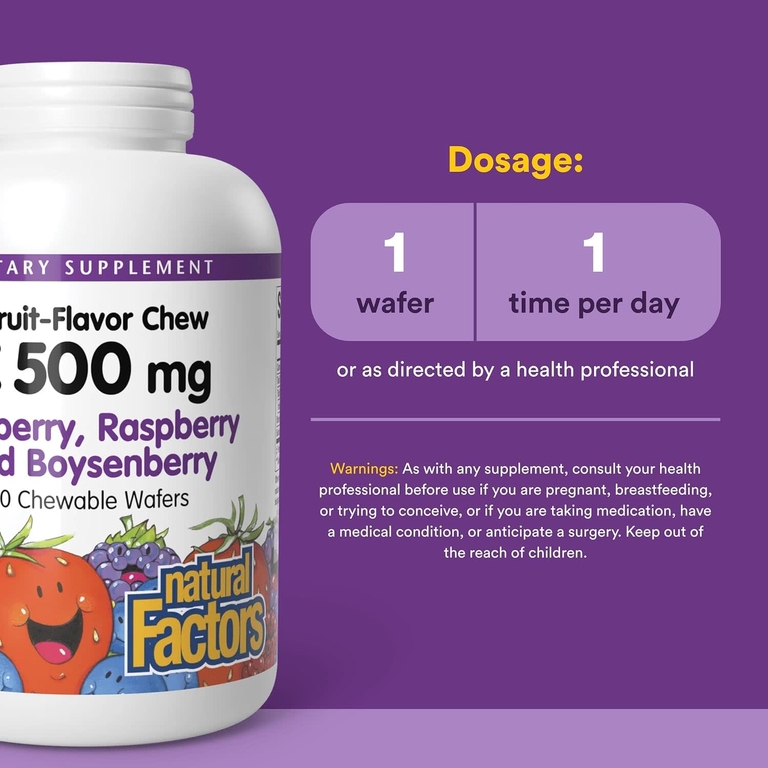 Natural Factors, жевательные таблетки с витамином C, со вкусом фруктов, голубика, малина и бойзенова ягода, 500 мг, 180 жевательных таблеток