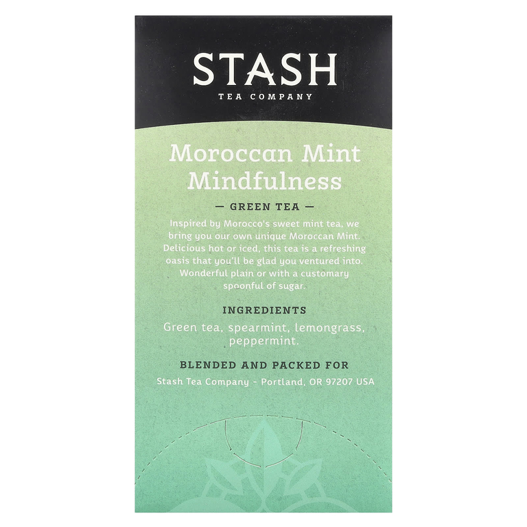 Stash Tea, зеленый чай, марокканская мята и осознанность, 20 чайных пакетиков, 26 г (0,9 унции)