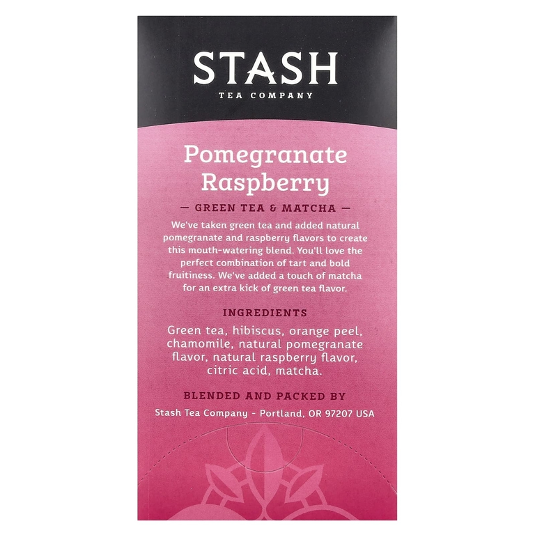 Stash Tea, зеленый чай и матча, гранат и малина, 18 чайных пакетиков, 36 г (1,2 унции)