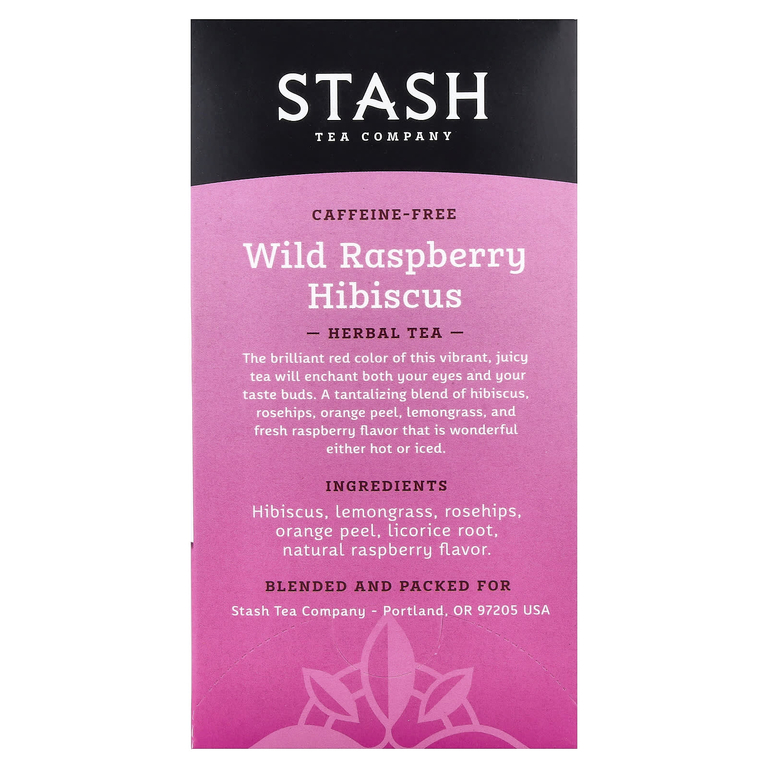 Stash Tea, травяной чай, гибискус с дикой малиной, без кофеина, 20 чайных пакетиков, 38 г (1,3 унции)
