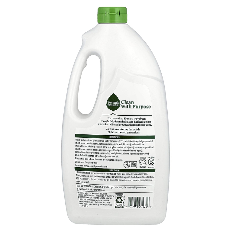 Seventh Generation, гель для моющего средства для посудомоечных машин, лимон, 1,19 кг (42 унции)