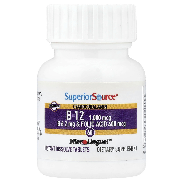 Superior Source, цианокобаламин, витамины B12, B6 и фолиевая кислота, 60 быстрорастворимых таблеток