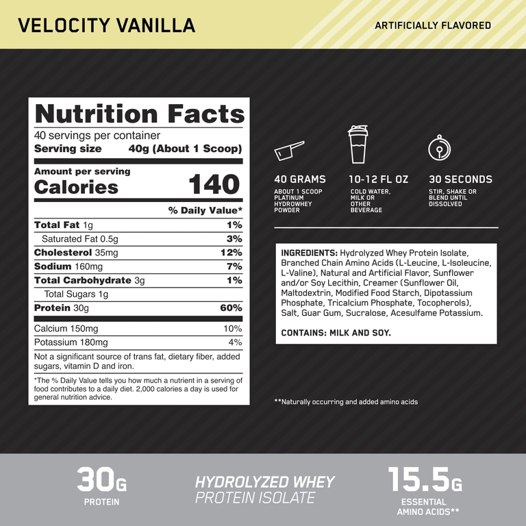 Optimum Nutrition, гидролизованный изолят сывороточного протеина, ванильный, 1,6 кг (3,52 фунта)