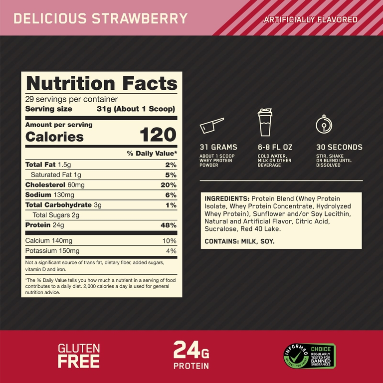 Optimum Nutrition, протеин, сыворотка со вкусом клубники, 907 г (2 фунта)