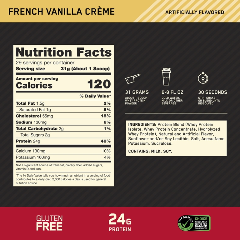Optimum Nutrition, сывороточный протеин, со вкусом французский ванильный крем, 907 г (2 фунта)