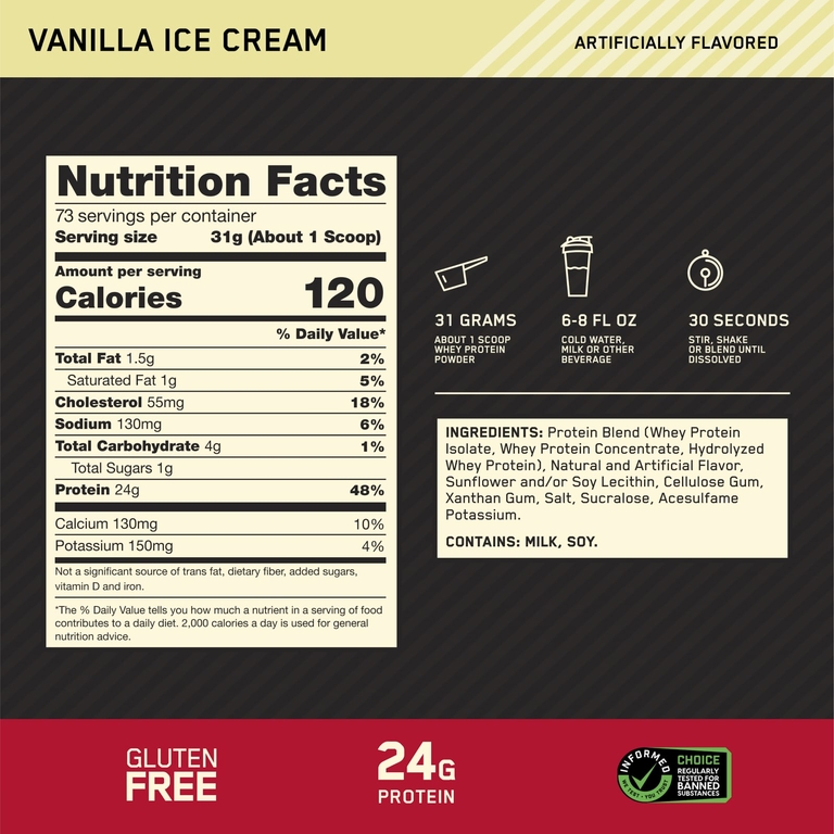 Optimum Nutrition, сывороточный протеин, со вкусом ванильного мороженого, 2,26 кг (5 фунтов)