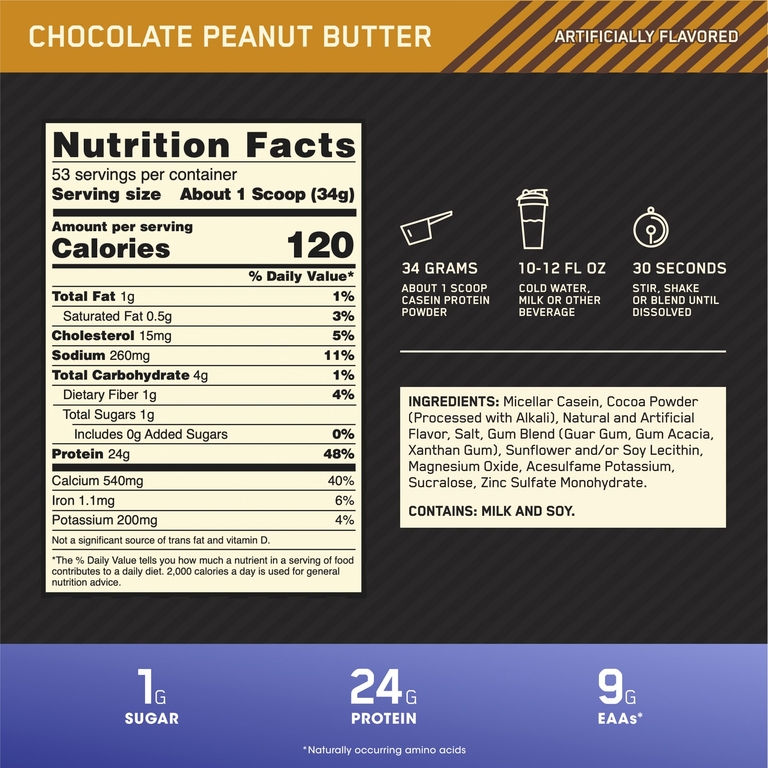 Optimum Nutrition, казеин, со вкусом шоколада и арахисовой пасты, 1,8 кг (3,97 фунта)
