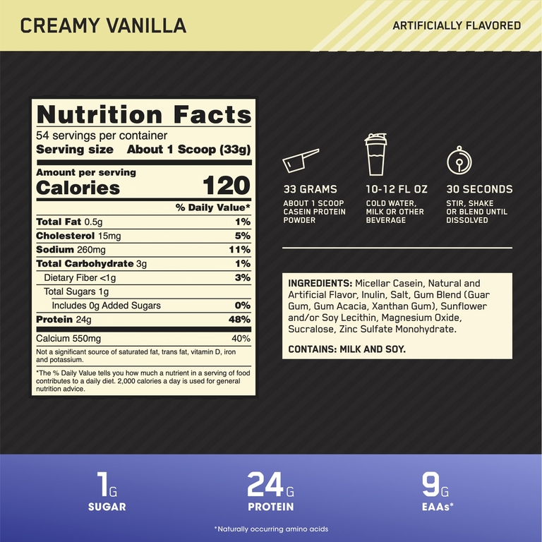Optimum Nutrition, казеин, со вкусом ванили, 1,75 кг (3,85 фунта)