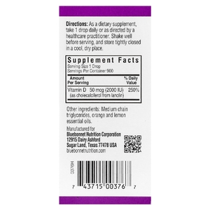 Bluebonnet Nutrition, жидкий витамин D3 в каплях, цитрус, 50 мкг (2000 МЕ), 30 мл (1 жидк. унция)