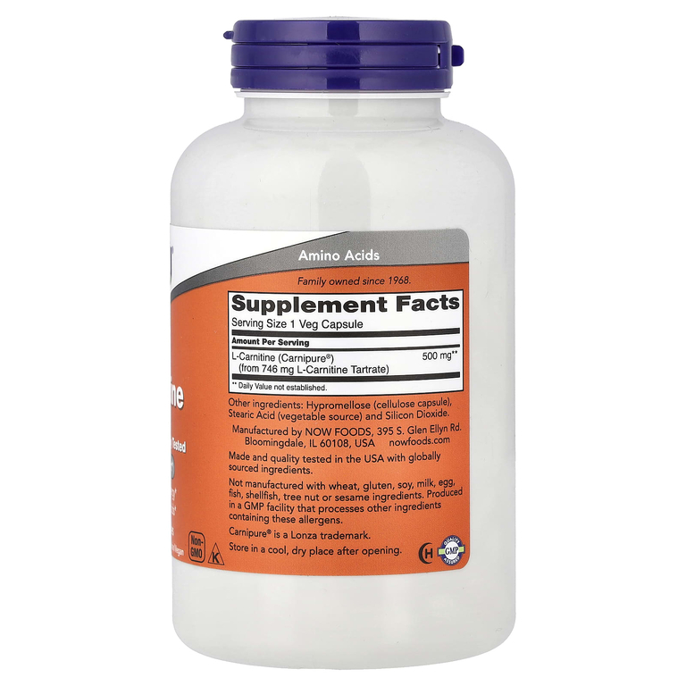 NOW Foods, L-карнитин, 500 мг, 180 растительных капсул