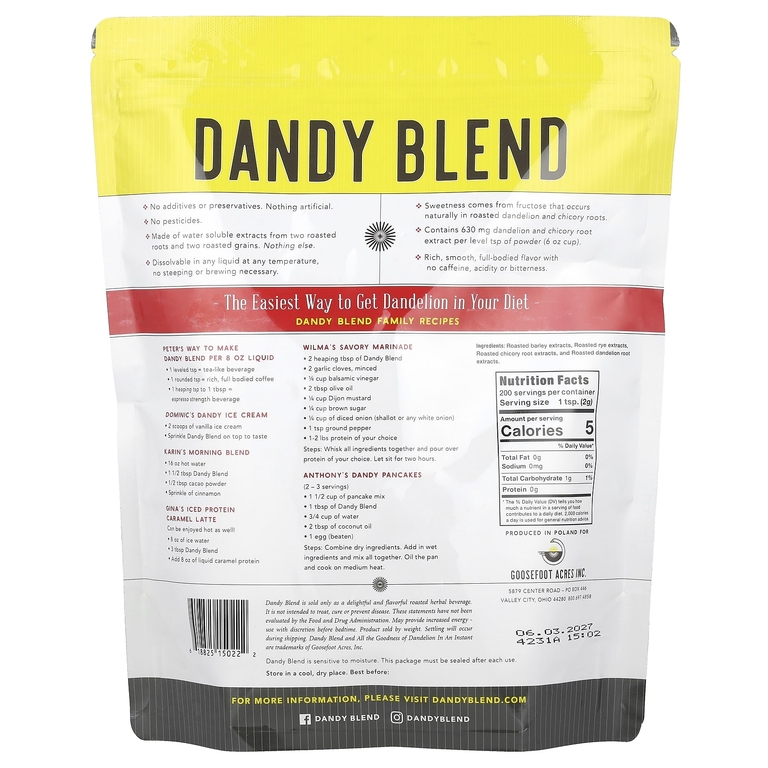 Dandy Blend, травяной напиток быстрого приготовления с одуванчиком, без кофеина, 400 г (14,1 унции)