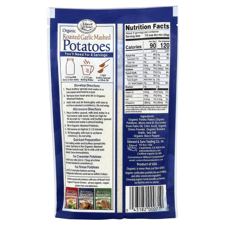 Edward & Sons, Органическое картофельное пюре, жареный чеснок, 3,5 унции (100 г)