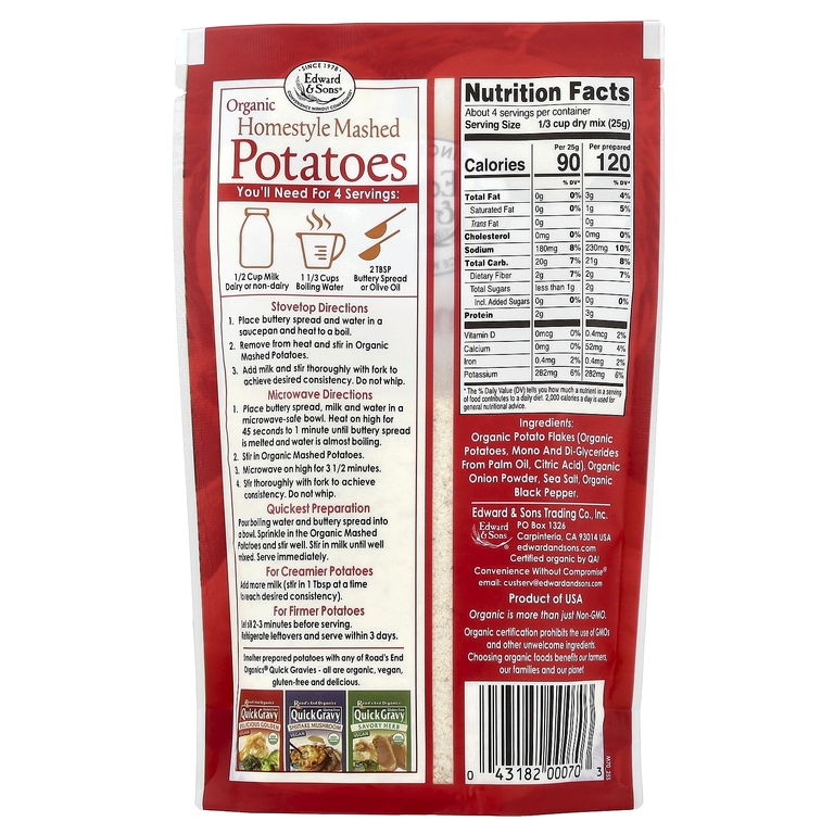 Edward & Sons, органическое картофельное пюре, по-домашнему, 100 г