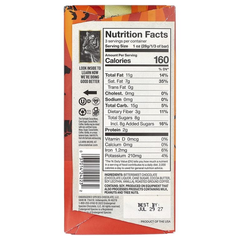 Endangered Species Chocolate, Зерна эспрессо + темный шоколад, 72% какао, 85 г (3 унции)
