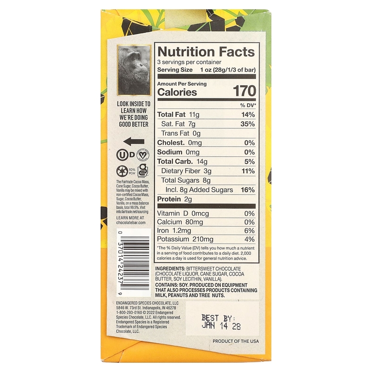 Endangered Species Chocolate, нежный тёмный шоколад, 72% какао, 85 г