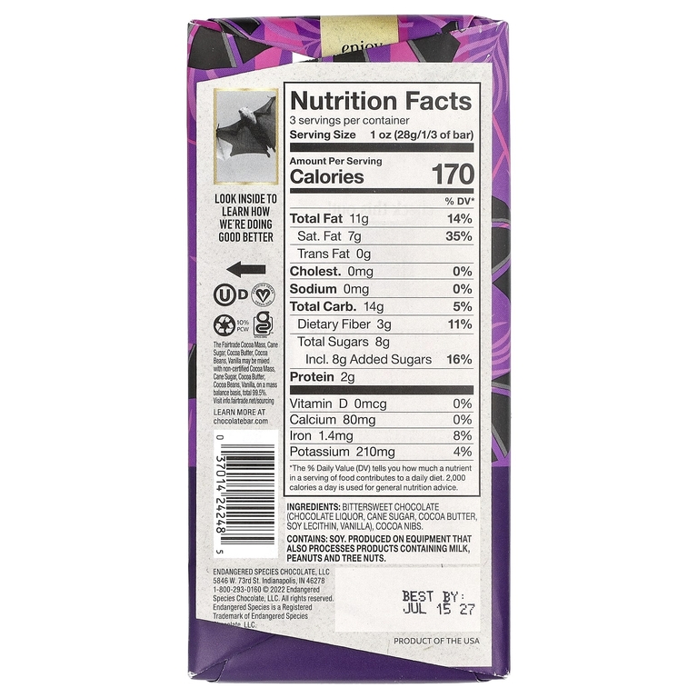 Endangered Species Chocolate, Какакао-нибки, тёмный шоколад, 72 % какао, 85 г (3 унции)