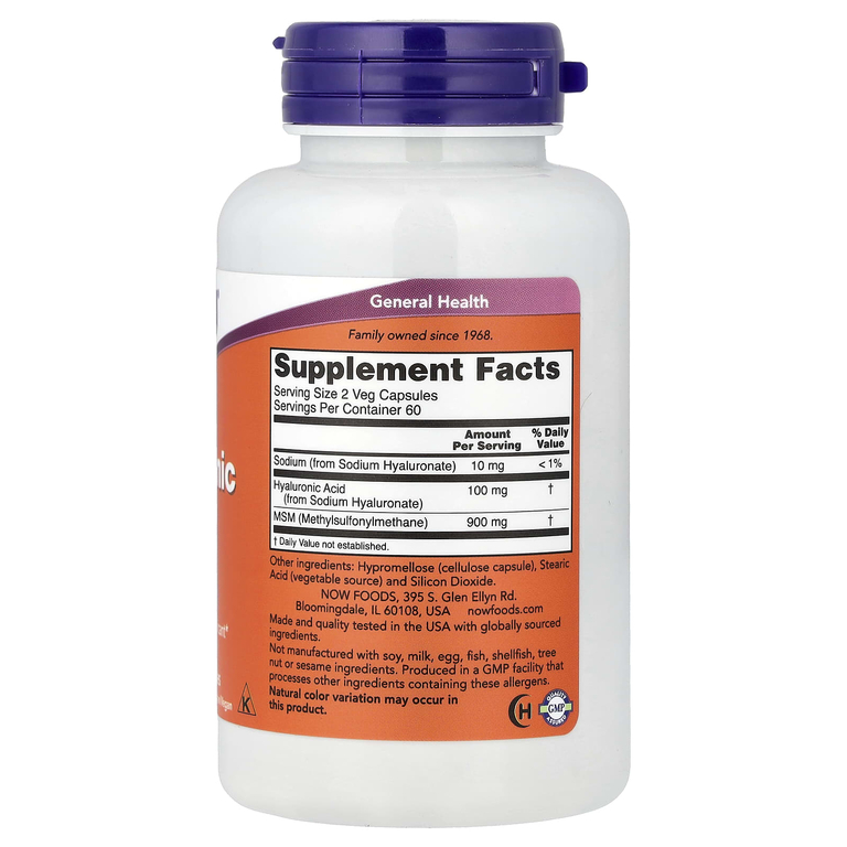 NOW Foods, гиалуроновая кислота и МСМ, 50 мг, 120 растительных капсул