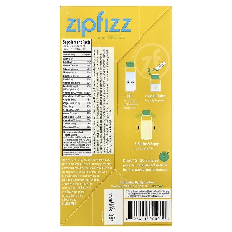 Zipfizz, Смесь для энергетических напитков, цитрус, 20 тюбиков, 11 г (0,39 унции)