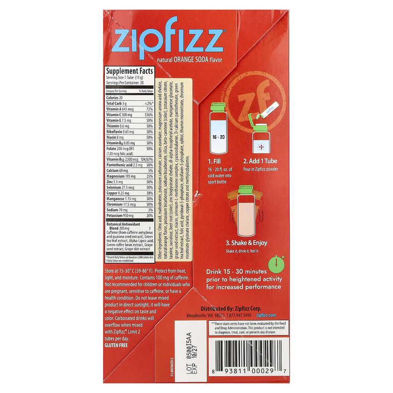 Zipfizz, смесь для энергетического напитка, апельсин с содовой, 20 тюбиков по 11 г (0,39 унции)
