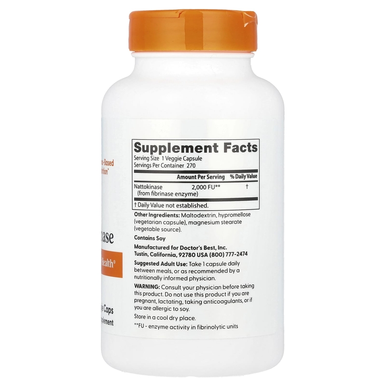 Doctor's Best, наттокиназа, 2000 фибринолитических единиц (FU), 270 вегетарианских капсул