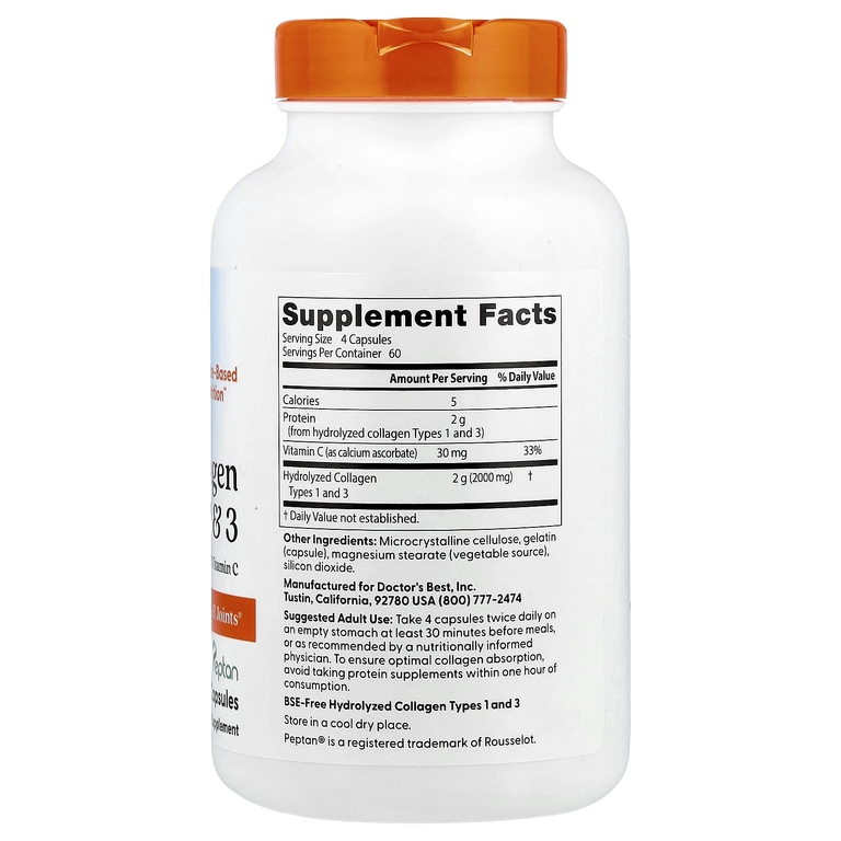 Doctor's Best, коллаген типов 1 и 3 с витамином C, 240 капсул