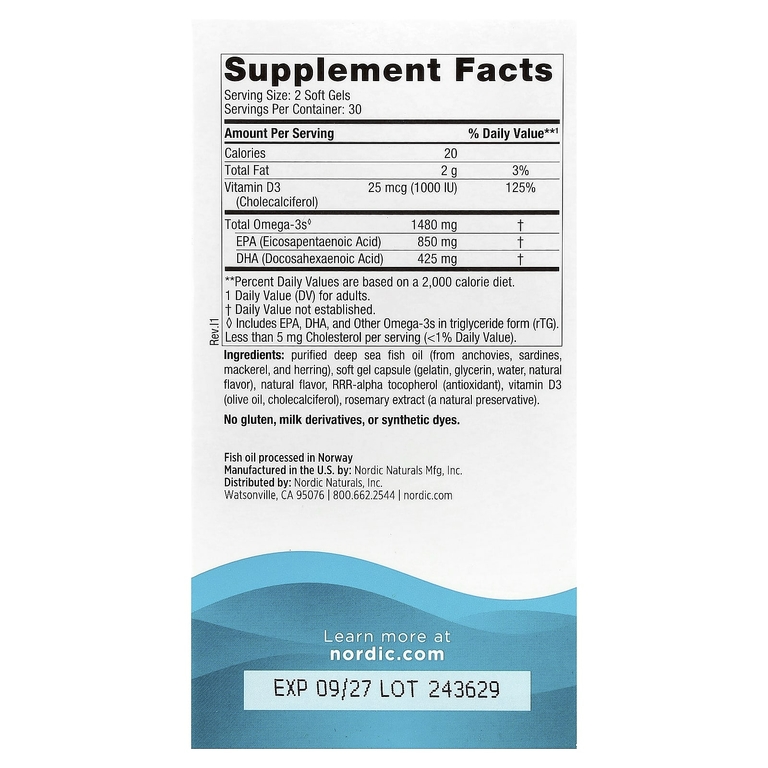 Nordic Naturals, омега-3 кислоты, со вкусом лимона, 1480 мг, 60 желатиновых капсул (740 мг в 1 капсуле)