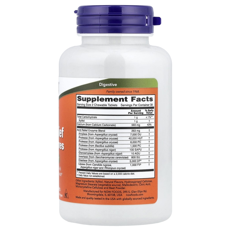 NOW Foods, средство для снижения кислотности с ферментами, 60 жевательных таблеток