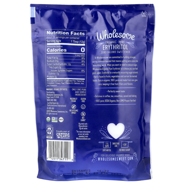Wholesome Sweeteners, органический чистый эритритол, подсластитель с нулевым содержанием калорий, 340 г (12 унций)