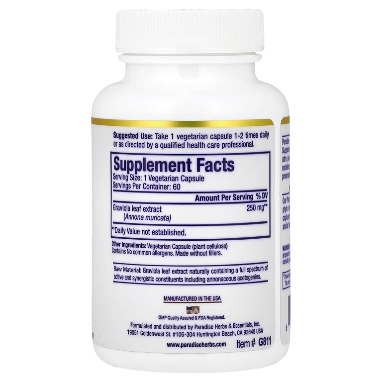 Paradise Herbs, экстракт гравиолы премиального качества, 60 вегетарианских капсул (250 мг в 1 капсуле)
