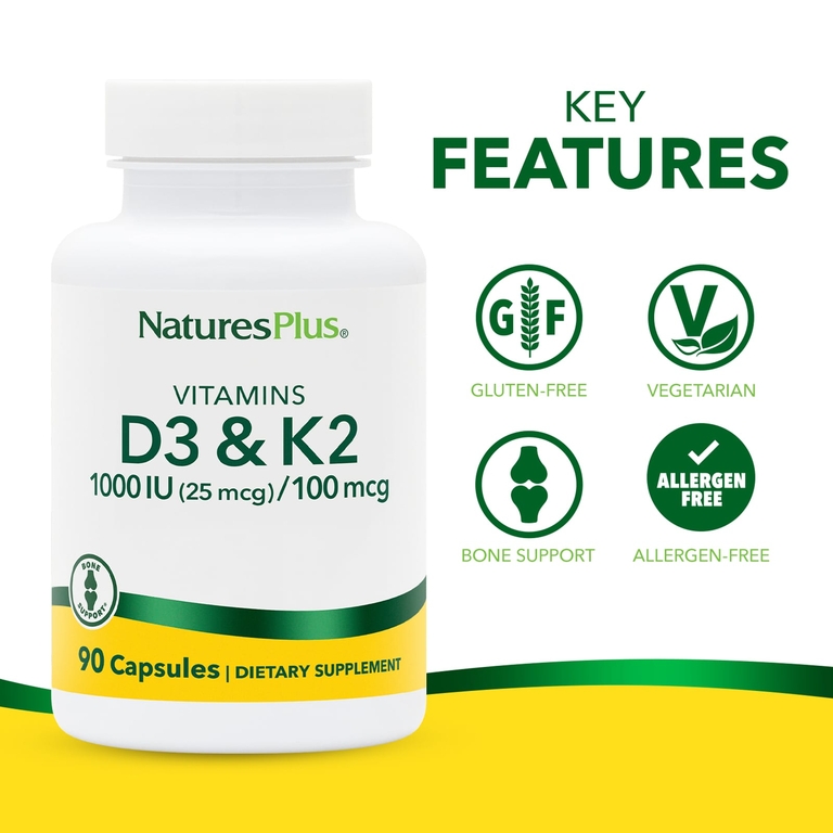 NaturesPlus, витамины D3 и К2, 90 капсул