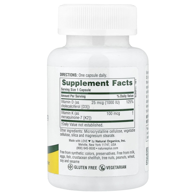 NaturesPlus, витамины D3 и К2, 90 капсул
