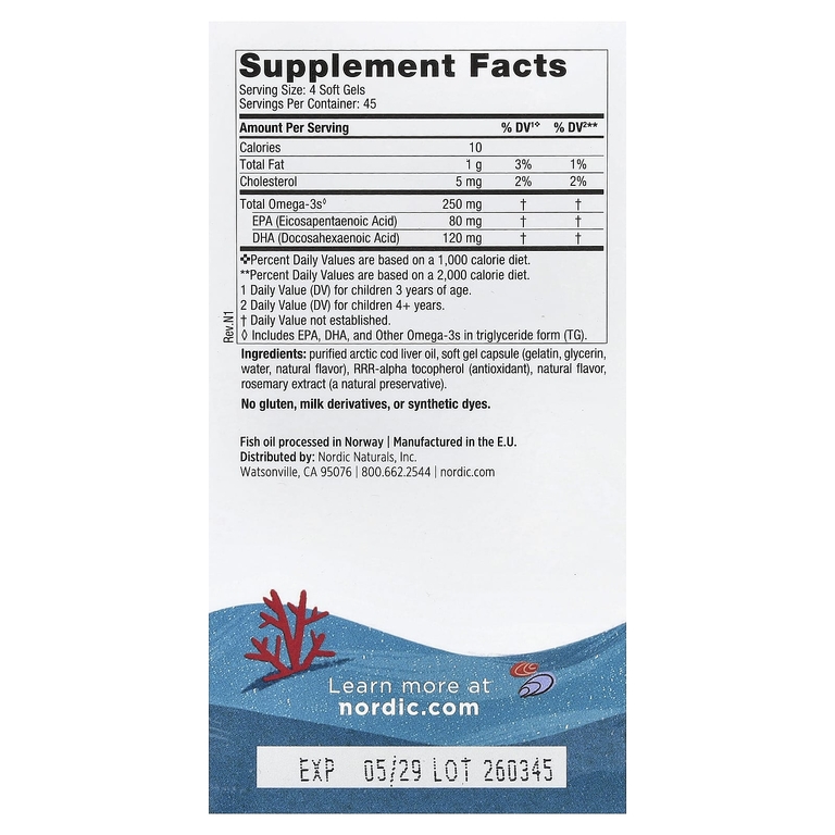 Nordic Naturals, омега-3 и ДГК для детей, со вкусом клубники, для детей 3–6 лет, 250 мг, 180 мини-капсул