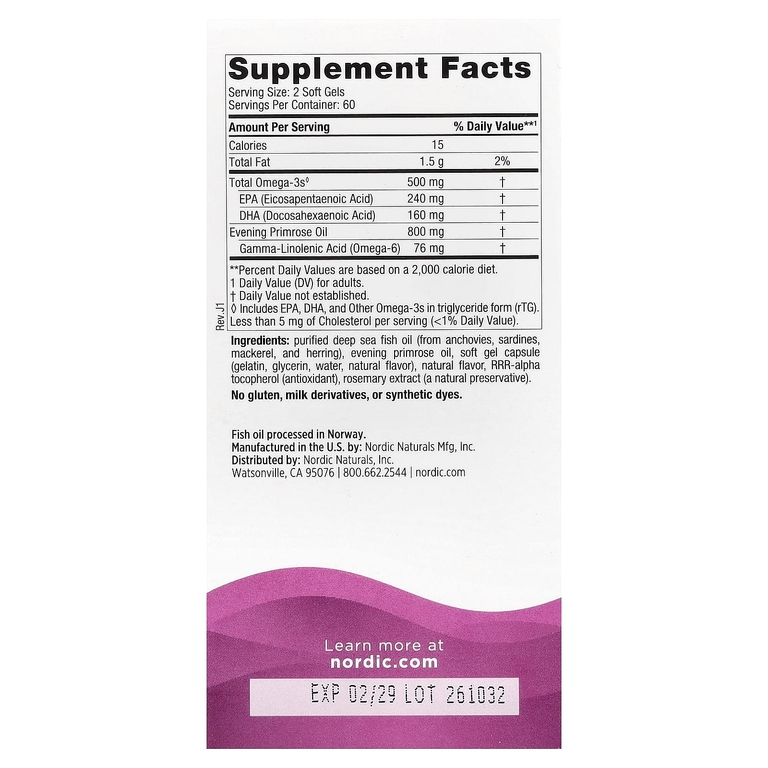 Nordic Naturals, Омега-3 для женщин, с маслом примулы вечерней, 120 желатиновых капсул