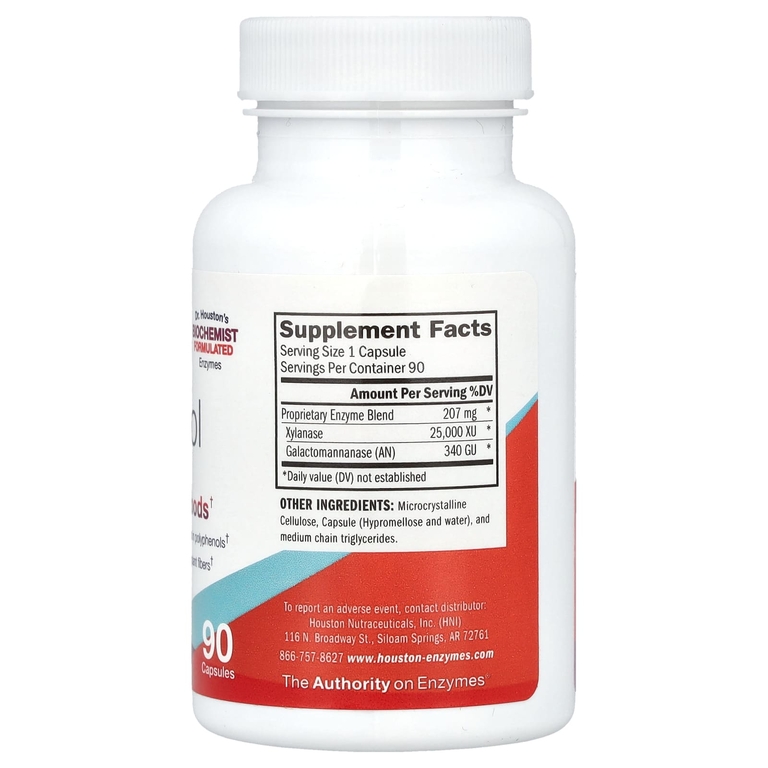 Houston Enzymes, пищеварительные ферменты для расщепления волокон арабиноксилана и галактоманнана в полифенольных продуктах, 90 капсул