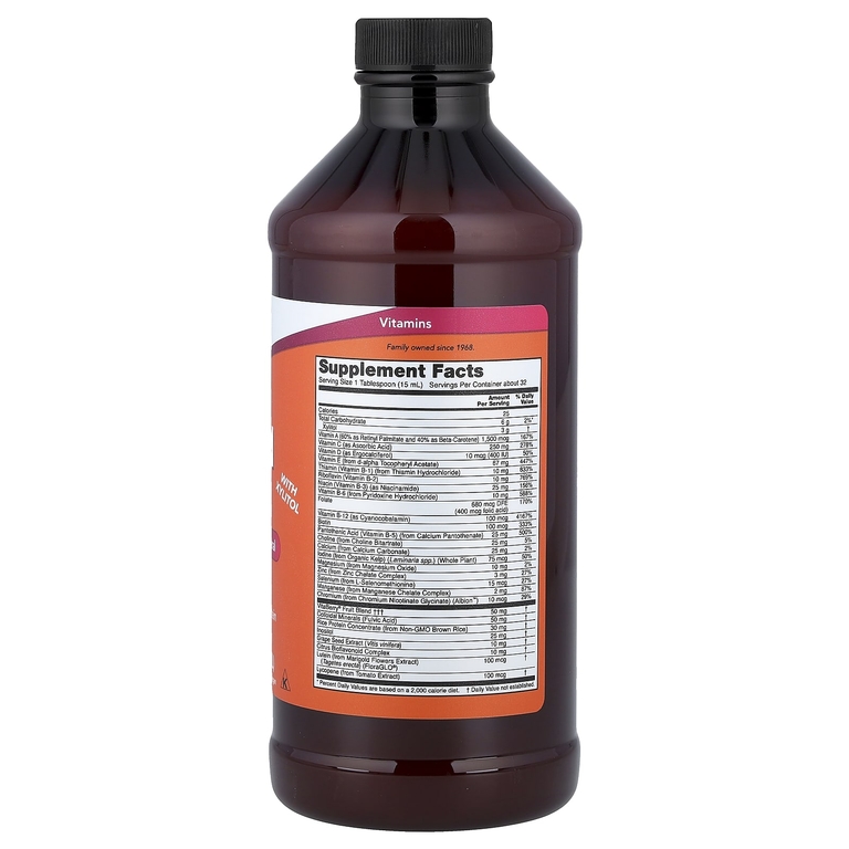 NOW Foods, жидкая мультивитаминная добавка с ксилитолом, без железа, тропический апельсин, 473 мл (16 жидк. унций)