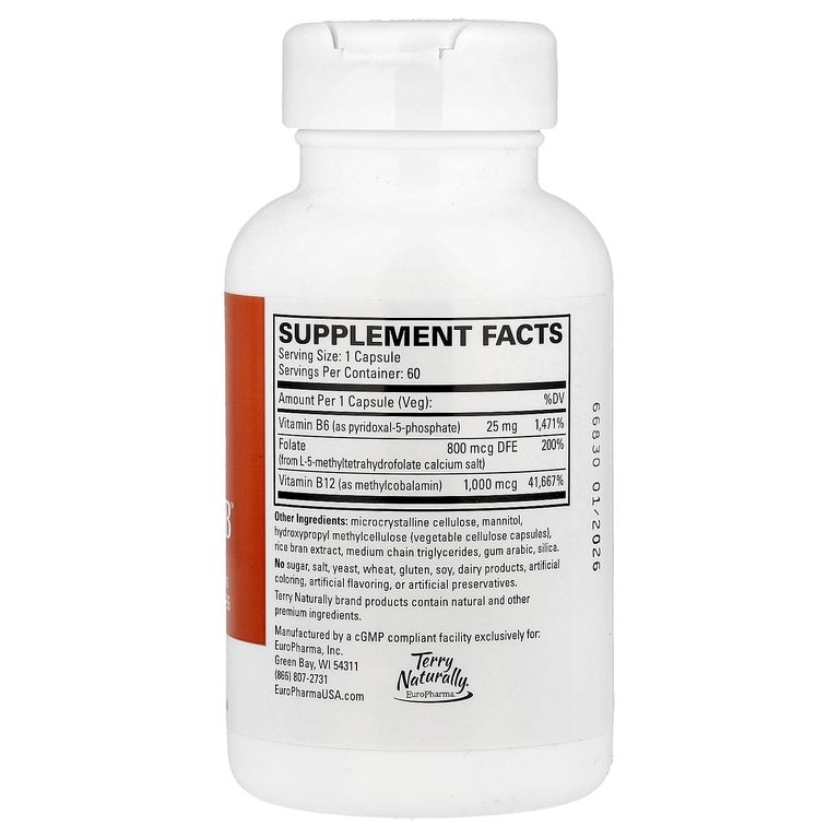 Terry Naturally, витамины B6, фолат и B12, 60 капсул