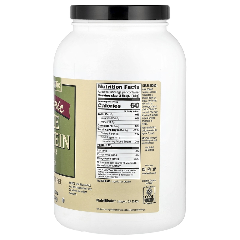 NutriBiotic, Органический рисовый протеин в порошке, обычный, 1,36 кг (3 фунта)