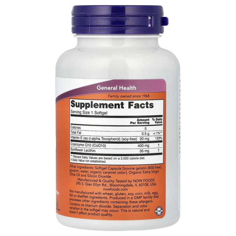 NOW Foods, коэнзим Q10 с витамином E и подсолнечным лецитином, 60 капсул