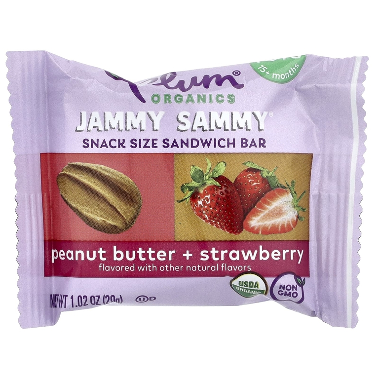 Plum Organics, сэндвич-батончик, от 15 месяцев, с арахисовым маслом и клубникой, 5 батончиков, 29 г (1,02 унции)