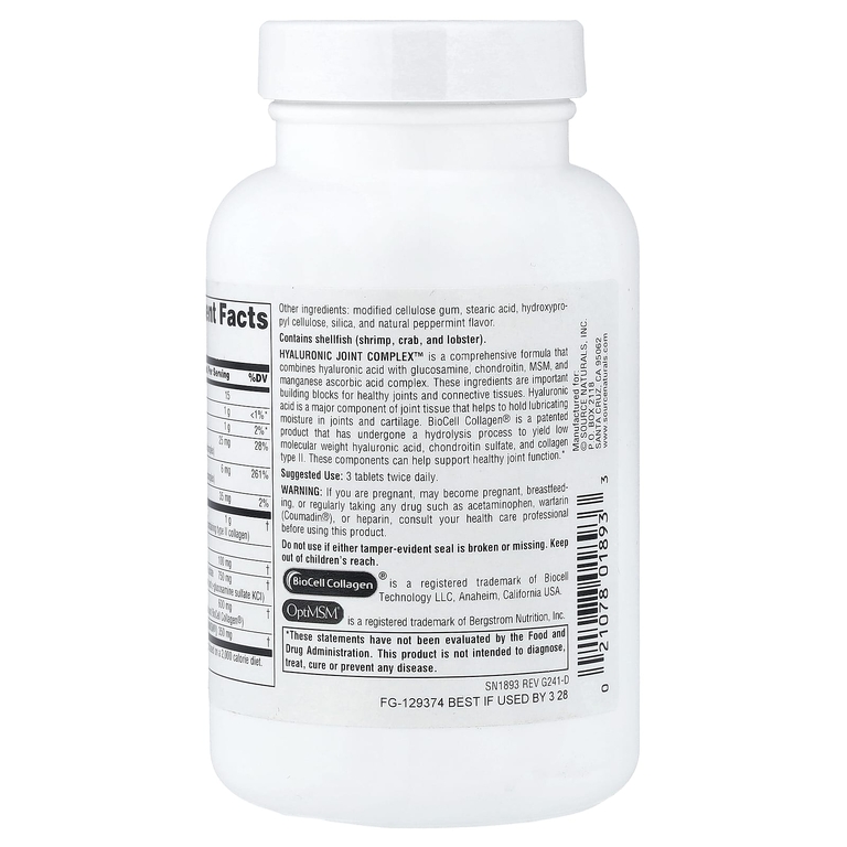 Source Naturals, комплекс для суставов с гиалуроновой кислотой, 60 таблеток