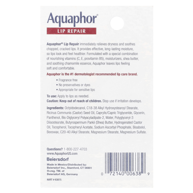 Aquaphor, восстанавливающий бальзам для губ мгновенного действия, без отдушек, 10 мл (0,35 жидк. унции)