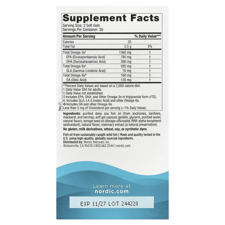 Nordic Naturals, омега-3 и 6, со вкусом лимона, 60 желатиновых капсул (680 мг в 1 капсуле)