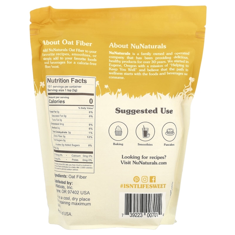 NuNaturals, порошок из овсяной клетчатки, 454 г (1 фунт)
