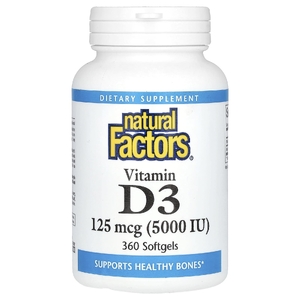 Natural Factors, витамин Д3, 5,000 МЕ, 360 желатиновых капсул