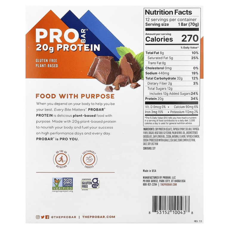 ProBar, протеиновый батончик, со вкусом мяты и шоколада, 12 шт. по 70 г (2,47 унции)