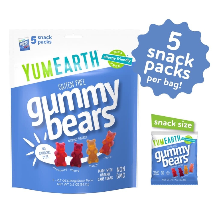 YumEarth, жевательные мишки без глютена, со вкусом клубники, вишни, манго и персика, 5 порционных пакетиков по 19,8 г (0,7 унции)